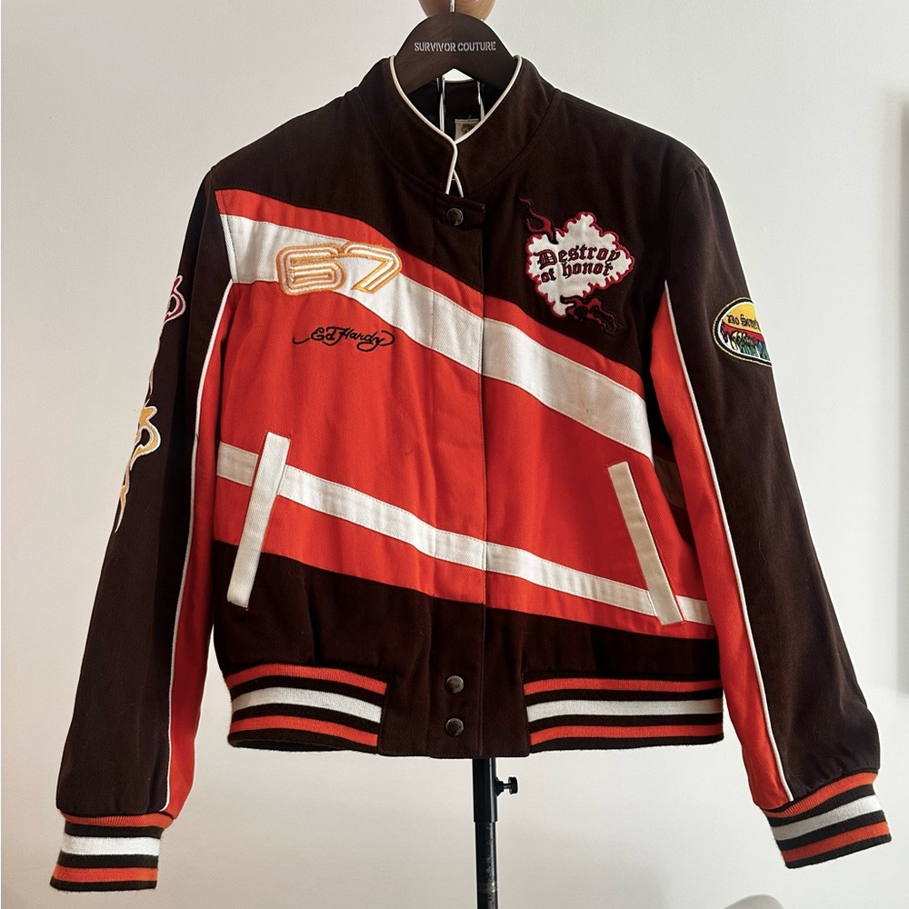 Ed Hardy Orange and Brown Embroidered Jacket
